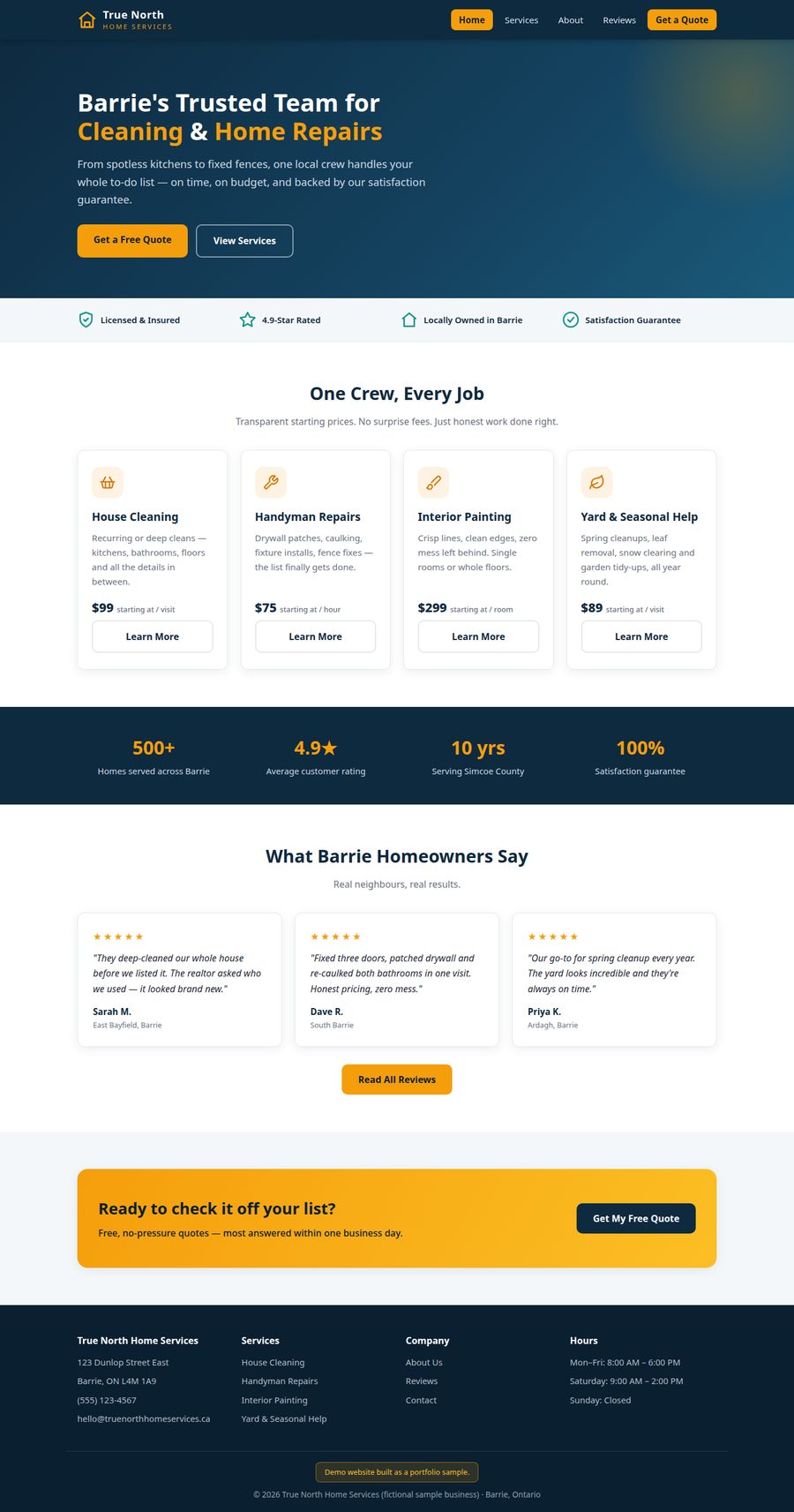 Sample homepage design for True North Home Services