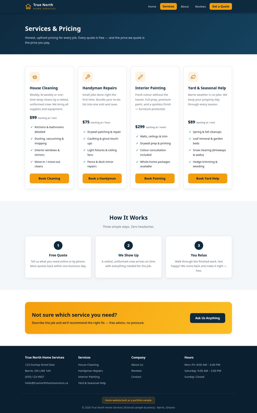 Sample services page design for True North Home Services